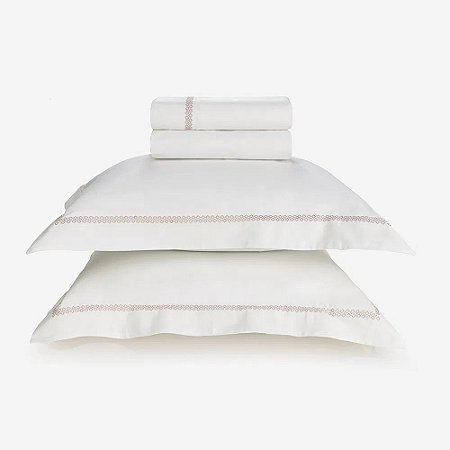 Jogo de Cama King Trussardi 300 Fios Cetim 100% Algodão Egípcio Fontana Branco/Rosa