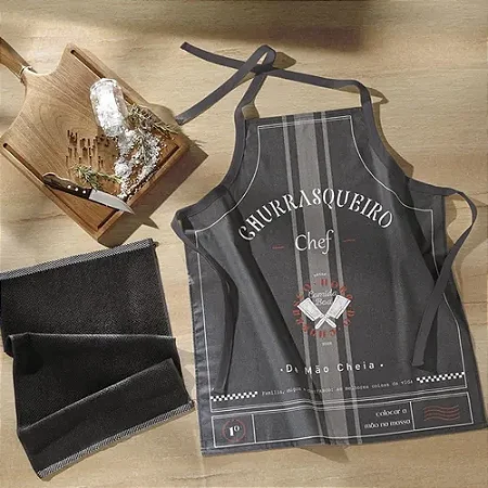 Kit Avental Churrasqueiro Chef E Pano De Copa Uni Preto