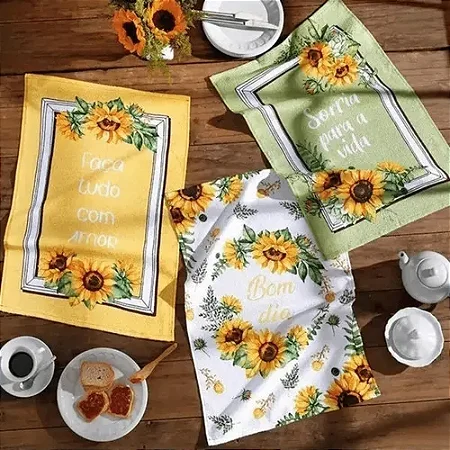Kit con 3 Panos De Prato Girassol Prata 100% Algodão 45x65cm Döhler