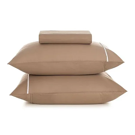 Lençol Casal com Elástico e Fronhas  Noah Caramelo/Branco