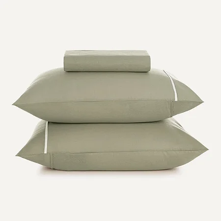 Lençol Queen com Elástico e Fronhas  Noah Verde Chá/Branco