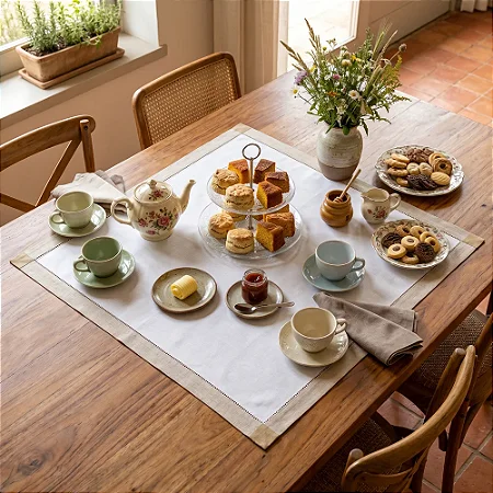 Toalha de Chá / Centro de Mesa Dohler Léia Efeito Linho Ponto Ajour 100% Algodão 90cm x 90cm