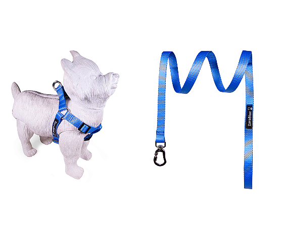 Kit Peitoral Americano e Guia de 1,30 metros para Cachorros Cor Azul - Brinde Plaquinha Personalizada