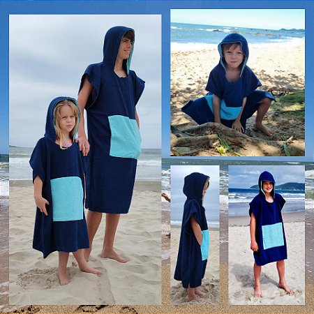 Poncho toalha surf infantil - PREMIUM - MARINHO e azul céu  - P M G e ADULTO
