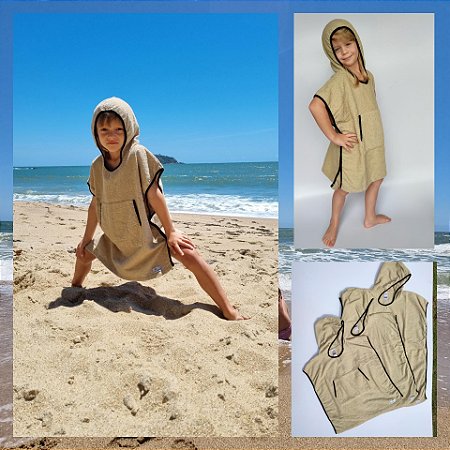 Poncho toalha surf infantil - CAPUCCINO - Cor areia debrum Preto