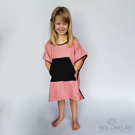Poncho toalha surf infantil - ROSA BLUSH e PRETO