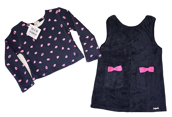 SALOPETE PLUSH AZUL MARINHO/BLUSA LACINHO - INFANTI