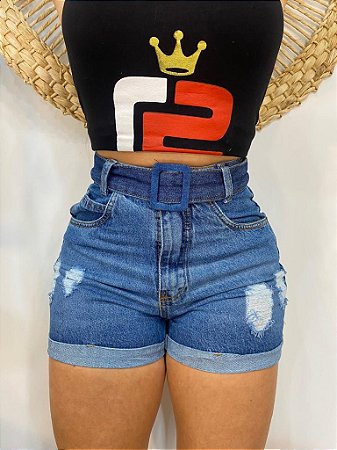 Short jeans cintura alta com cinto Clearance