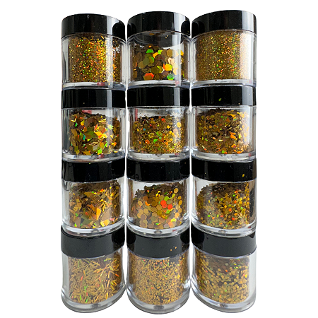 Kit 12 Potes de Glitters Dourados Geométricos para encapsular unha Gel
