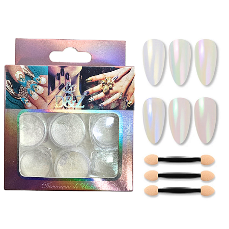 Kit 6 potes de pó sereia efeito pérola para decoração de unhas