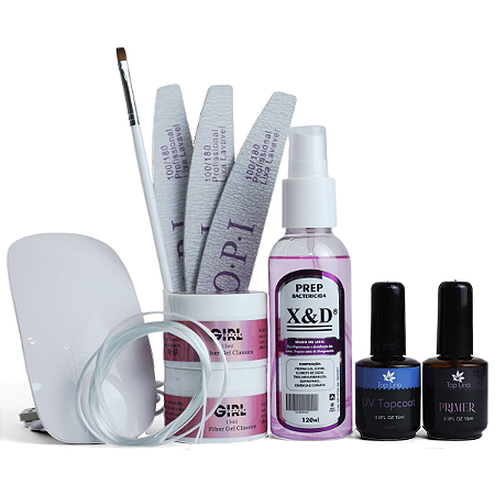Kit Unha Gel Fibra Top Coat Primer Prep Pincel  Lixas Cabine
