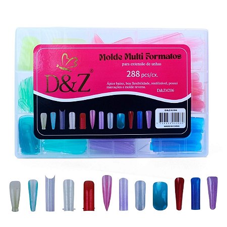 Molde F1 0mm Misto Colorido 12 Formatos 288pcs Unhas Mandorla, Stiletto, Almond, Quadrada Bailarina