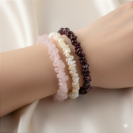 Kit de pulseiras AMOR - Granada, Quartzo Rosa e Madreperola