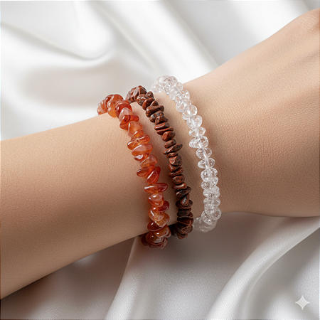 Kit pulseiras Energia e Força | Cornalina, Jaspe Vermelho e Quartzo Transparente