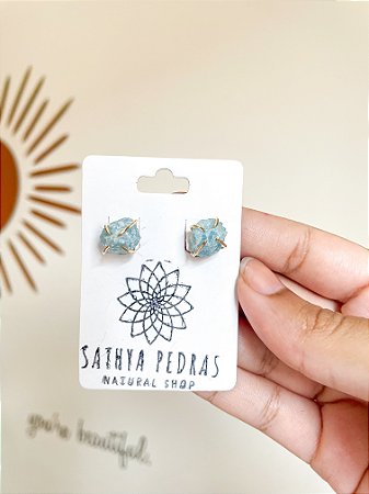 Brincos de Água Marinha bruta - dourado - Pedra da Calma e Serenidade