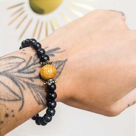 Pulseira de Ônix com madeira - Pedra da Segurança