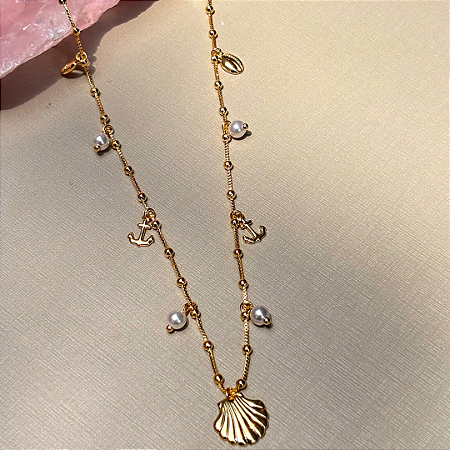 Colar Longo Conchas e Pérolas