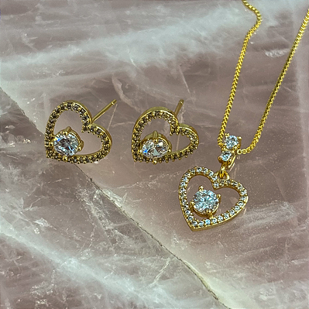 Conjunto Coração Cravejado Vazado e Ponto de Luz