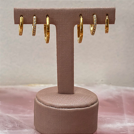 Trio de Argolas Quadradas Meio Cravejado