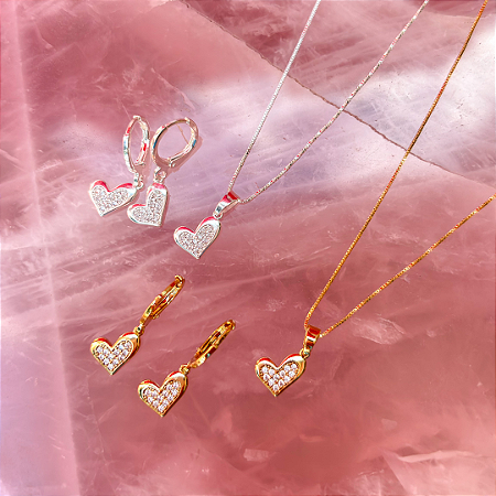 Conjunto Coração Cravejado Pingente
