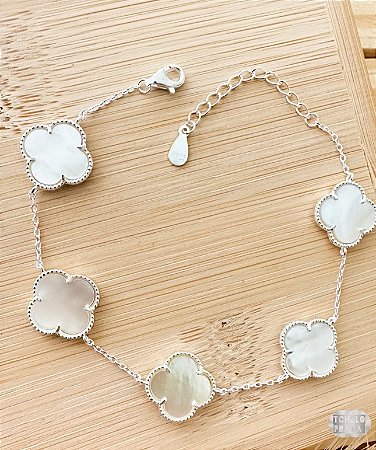 Pulseira Van Cleef Cravejada Branca Prata 925 - 19cm (G)