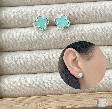 Brinco Van Cleef Verde Água Prata 925