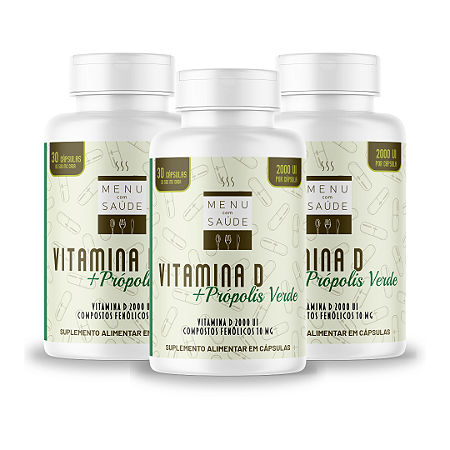 VITAMINA D 2000 UI + Própolis Verde  MENU COM SAÚDE- 3 potes 30 cápsulas cada
