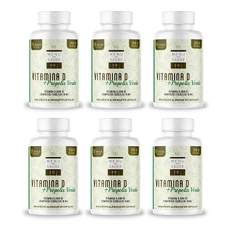 VITAMINA D 2000 UI + Própolis Verde MENU COM SAÚDE- 6 potes 30 cápsulas cada