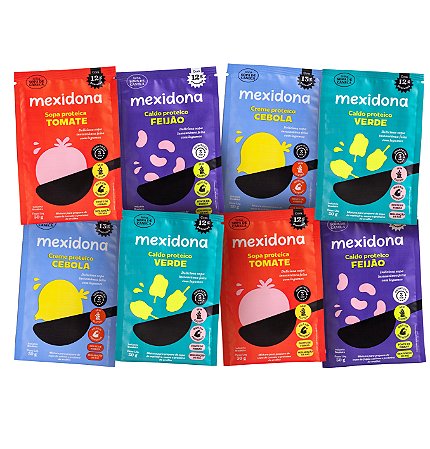 Caldos proteicos Mexidona- 08 sachês de 30g - 2 unidades de cada sabor caldo de feijão, caldo verde, cebola, sabores disponíveis em estoque. Cada sachê 30g rende 01 porção individual de 200ml