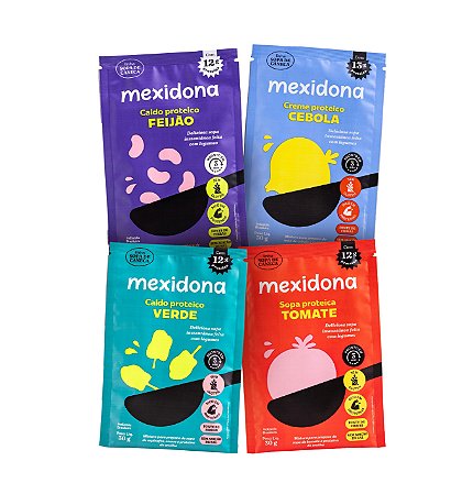 Kit 4 - Caldos Proteicos Mexidona - 04 sachês de 30g - sabores caldo de feijão, caldo verde, cebola sabores disponíveis em estoque.  Cada sachê 30g rende 01 porção individual de 200ml