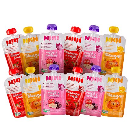 Purê de Frutas Orgânico 12 sachês 100g cada- sabores variados Papapá Maçã e Ameixa  Manga  Morango e Maçã