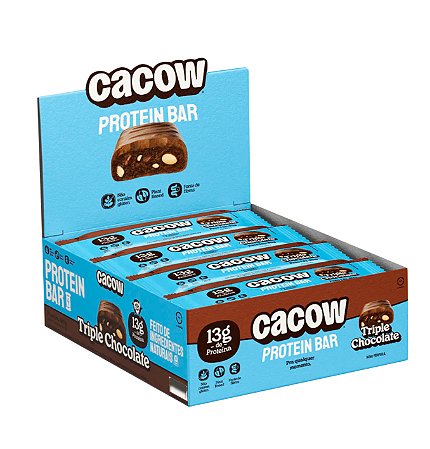 Barra de proteína vegana 13g CACOW Triple Chocolate caixa com 12 unidades
