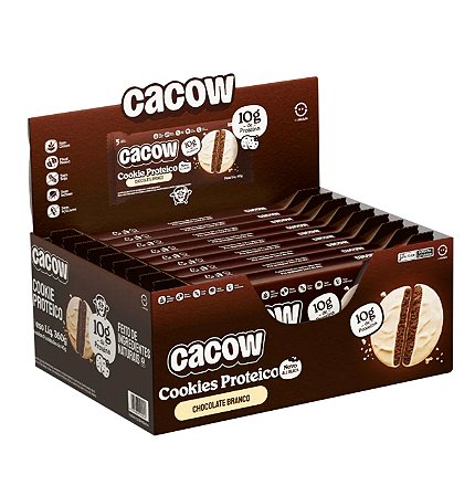 Cookie Proteico All Black CACOW Chocolate Branco 10g caixa com 18 unidades