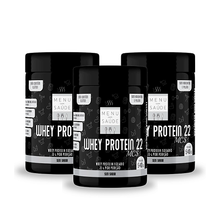 Kit 03 - Whey Protein 22 MCS isolado com 22g de proteínas + 50mg Ácido Hialurônico SEM SABOR pote 540g - 03 potes de 540g cada