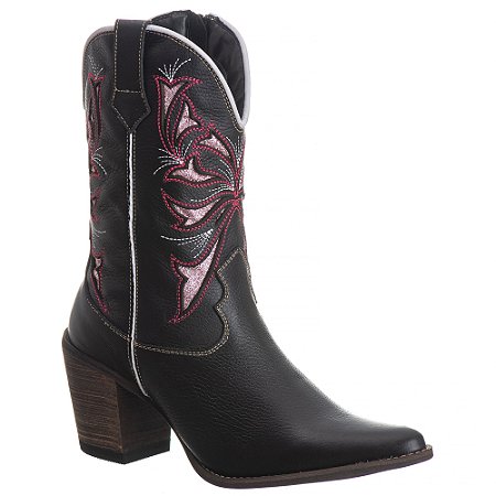 Bota Texana Feminina Botina em Couro Floter Preto Detalhe Bordado a laser ref 768