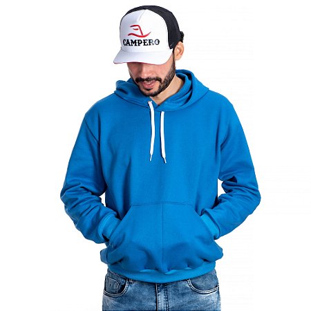 Blusa Moletom Canguru Country Masculino Azul Royal Com Bolso e Capuz
