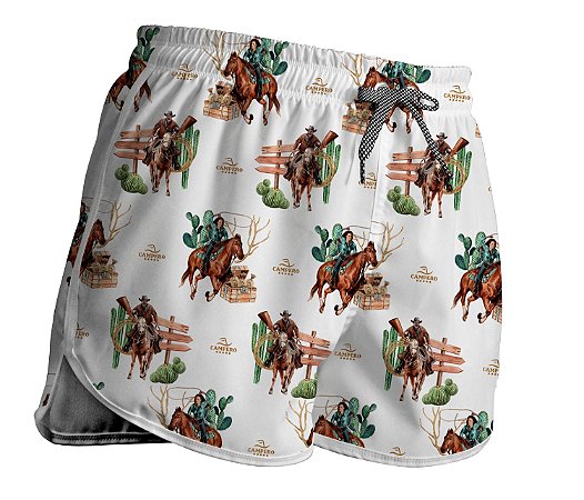 Short Feminino Country Moda Praia Campero Estampa Montaria Branco
