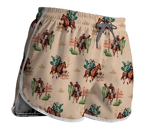 Short Feminino Country Moda Praia Campero Estampa Montaria Bege