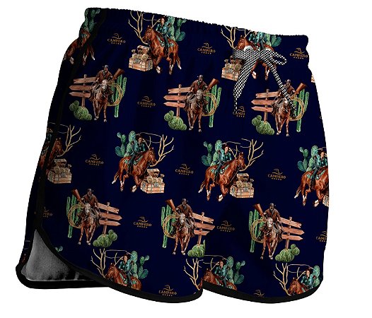 Short Feminino Country Moda Praia Campero Estampa Montaria Azul Marinho