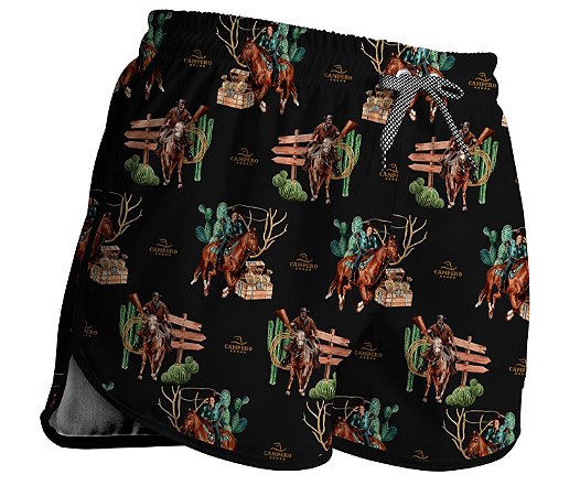 Short Feminino Country Moda Praia Campero Estampa Montaria Preto