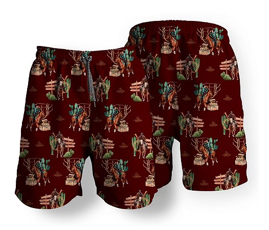 Short Masculino Country Bermuda Moda Praia Vermelho Montaria Cavalos Campero