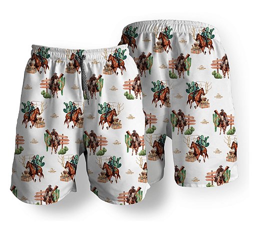 Short Masculino Country Bermuda Moda Praia Branco Montaria Cavalos Campero
