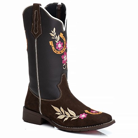 Bota Texana Feminina Couro Bordada Bico Quadrado