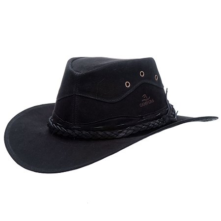 Chapéu Country em Couro com Detalhes em Trança Nobuk Preto Ref.: 3000