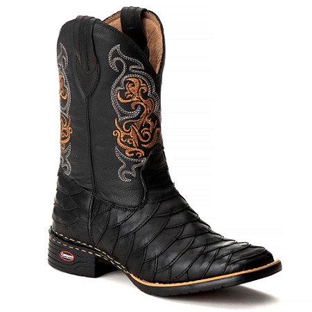 Bota Texana Escamada Preto Masculina Couro bico quadrado Rodeio Cano alto Ref 835