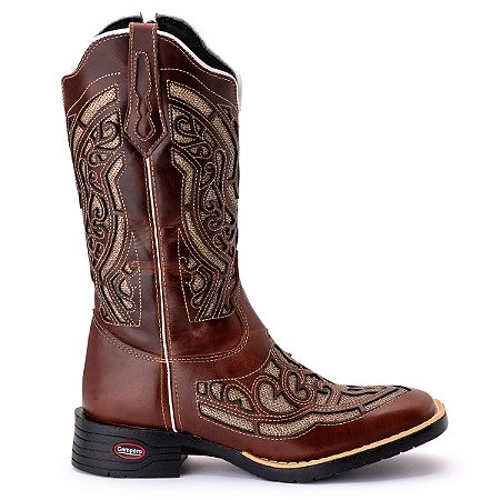Bota Texana Couro Zíper Lateral Bordado Laser