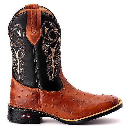 Bota Texana Couro Avestruz bico quadrado Rodeio Pinhão