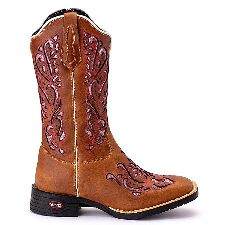 Bota Texana Couro Zíper Lateral Bordado Laser Floral