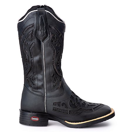 Bota Texana Couro Zíper Lateral Bordado Laser Preto 0734