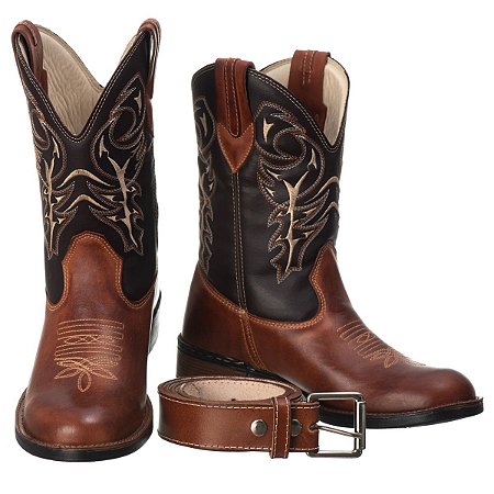 Kit Bota Texana Masculina Lisa Rodeio Marrom + Cinto Masculino Cowboy Ref 813